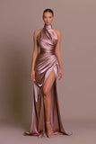 Chic Halter Neck Sleeveless Slit Dress with Stand Collar