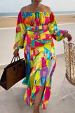 Chic Printed Lantern Sleeve Two-Piece Set with Slit Skirt