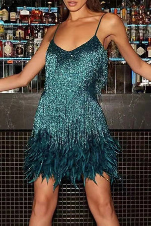 Glamorous Feathered Fringe Sequin V-Neck Halter Dress