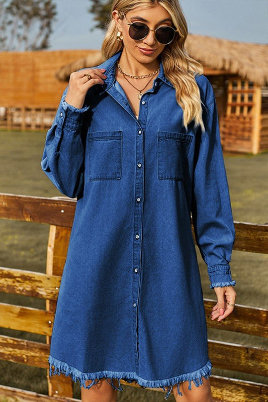 Casual Chic Denim Long-Sleeved Furred Dress