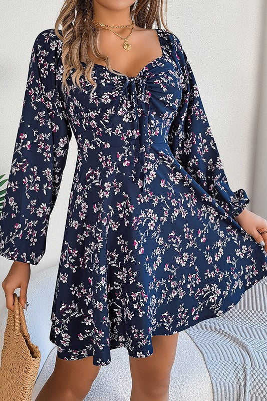 Floral Long Sleeve Dress with Lace Up Square Neckline