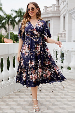 Curvy Chic V-Neck Navy Floral Plus-Size Dress