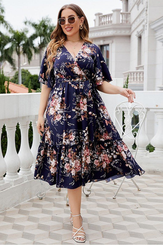 Curvy Chic V-Neck Navy Floral Plus-Size Dress