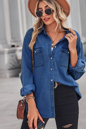 WOMEN'S CLASSIC SOLID DENIM LONG-SLEEVED SHIRT