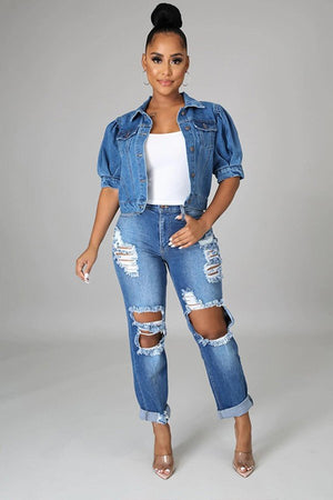 Chic Puffed Sleeve Denim Jacket with Short Sleeves