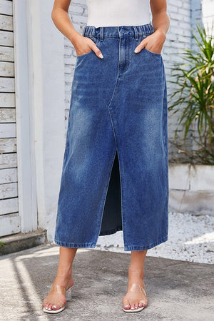 WASHED SLIT DENIM MIDI SKIRT WITH ELASTIC WAIST