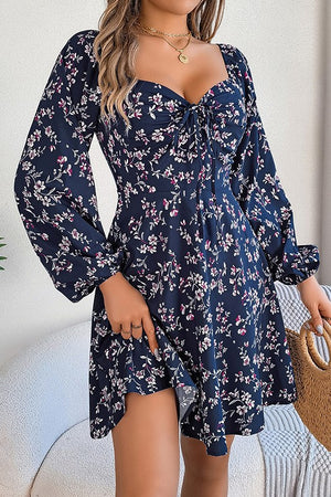 Floral Long Sleeve Dress with Lace Up Square Neckline