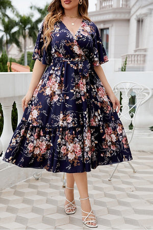 Curvy Chic V-Neck Navy Floral Plus-Size Dress