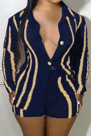 Chic Striped Two-Piece Cardigan and Sweater Set with Lapel Buttons