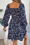 Floral Long Sleeve Dress with Lace Up Square Neckline