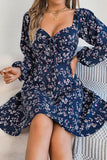 Floral Long Sleeve Dress with Lace Up Square Neckline
