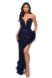 Glamorous Strapless Sequin Feather Evening Gown