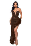 Glamorous Strapless Sequin Feather Evening Gown