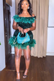 One-Shoulder Feathered Glam Dress with Hip Accent