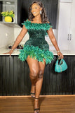 One-Shoulder Feathered Glam Dress with Hip Accent