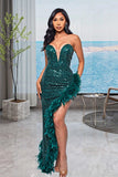 Glamorous Strapless Sequin Feather Evening Gown