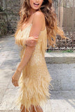 Glamorous Feathered Fringe Sequin V-Neck Halter Dress