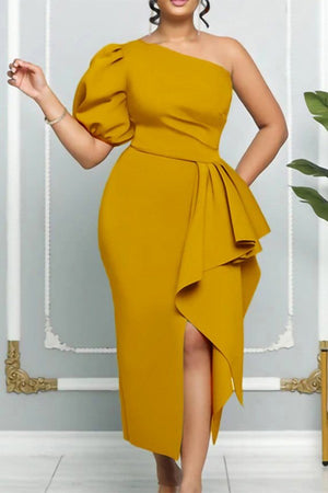 Oblique Shoulder Puffed Sleeve Slit Party Dress with Waistband