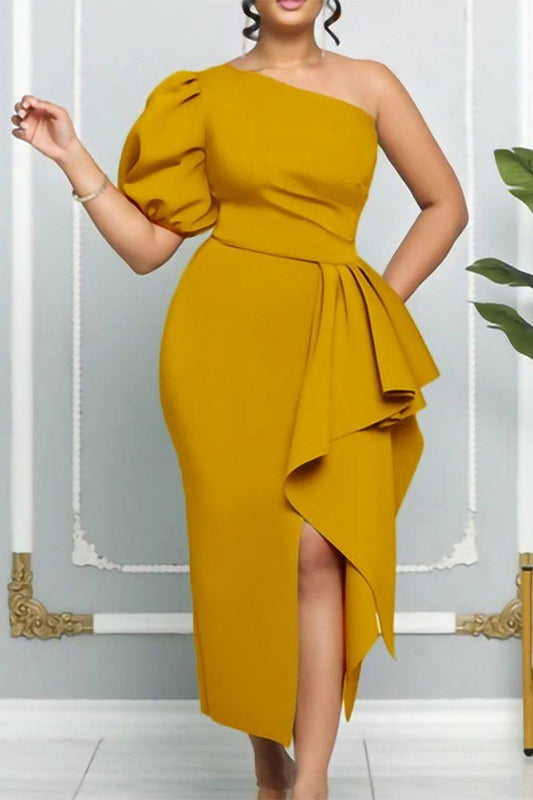 Oblique Shoulder Puffed Sleeve Slit Party Dress with Waistband