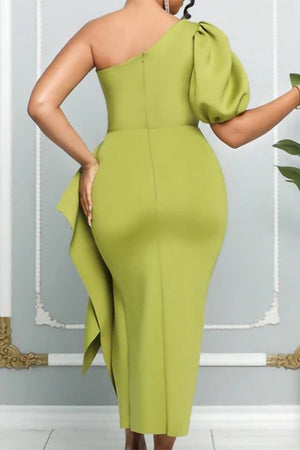 Oblique Shoulder Puffed Sleeve Slit Party Dress with Waistband