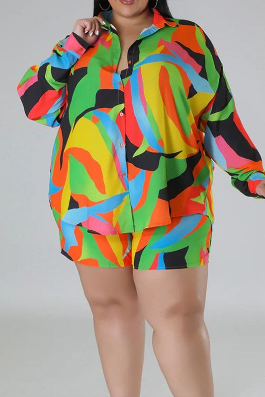 Tropical Print Plus Size Shirt and Shorts Set