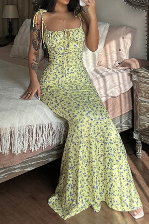 Elegant Slim High Waist V-Neck Floral Fishtail Maxi Dress