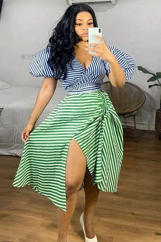 Chic Irregular Striped Plus-Size Suit with Adjustable Draw Rope Tie