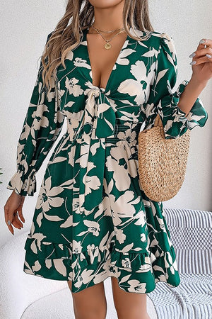 Lace-Up Elegant Long-Sleeve Dress with Nature-Inspired Wooden Ear Details