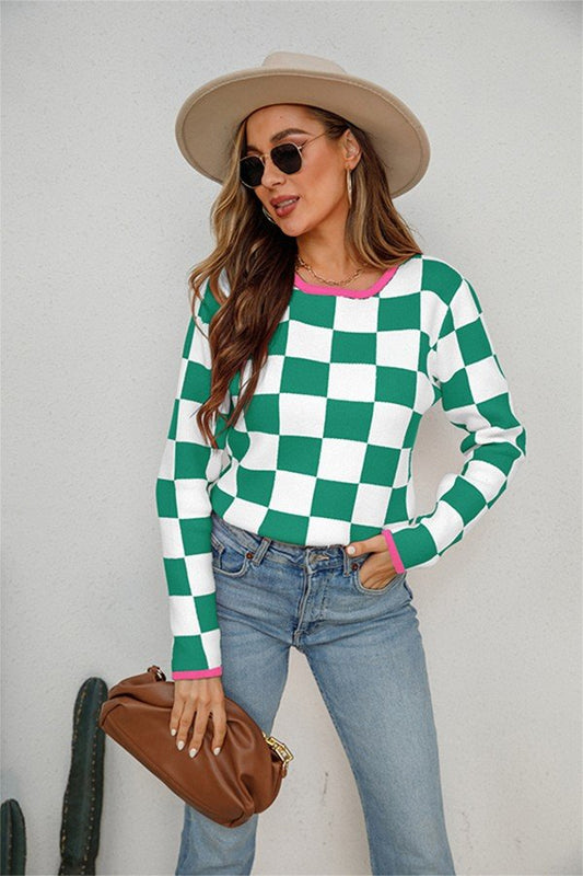Plaid Print Long Sleeve Round Neck Sweater for Chic Style