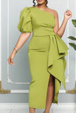 Oblique Shoulder Puffed Sleeve Slit Party Dress with Waistband