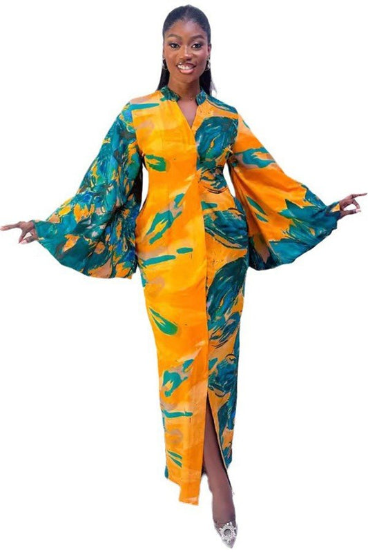 Printed Elegant Flared Sleeve Slim-Fit Dress with Stand Collar