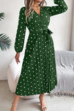 Chic Crossed V-Neck Pleated Dress with Contrasting Polka Dots