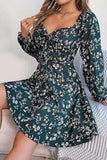 Floral Long Sleeve Dress with Lace Up Square Neckline