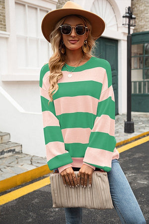 Chic Striped Puff Sleeve Sweaters with Round Neck