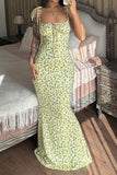 Elegant Slim High Waist V-Neck Floral Fishtail Maxi Dress