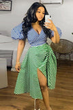 Chic Irregular Striped Plus-Size Suit with Adjustable Draw Rope Tie