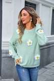 Floral Embroidered Crew-Neck Sweater with Long Sleeves