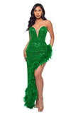 Glamorous Strapless Sequin Feather Evening Gown