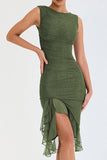 Halter Neck Mesh Bodice Dress with Asymmetrical Pleats