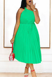 Diagonal Strap A-line Pleated Dress with Waist Tie in Solid Colors