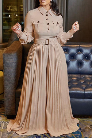 Chic Long-Sleeved Pleated Wide-Leg Jumpsuit for Every Occasion