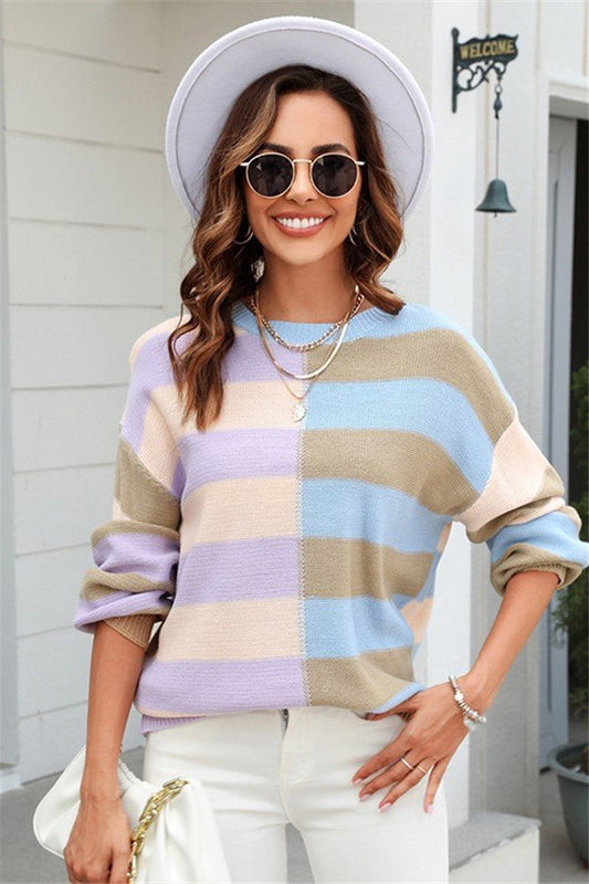 Colorful Patchwork Striped Knit Crew Sweater