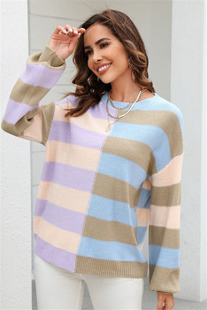 Colorful Patchwork Striped Knit Crew Sweater