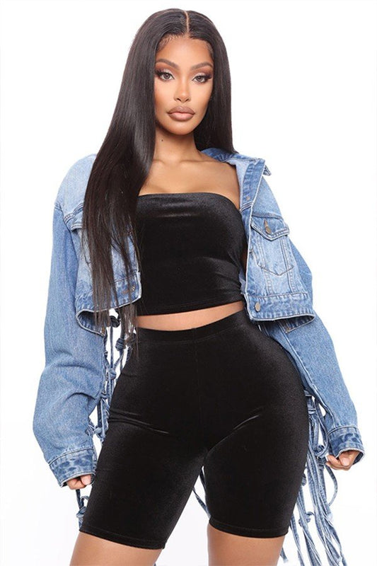 Light Blue Mesh Fringe Back Denim Jacket
