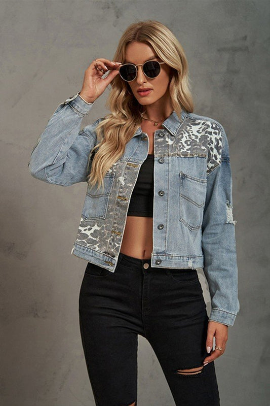 Leopard Patchwork Ripped Denim Jacket with Edgy Flair