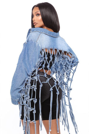Light Blue Mesh Fringe Back Denim Jacket
