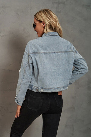 Leopard Patchwork Ripped Denim Jacket with Edgy Flair