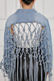 Light Blue Mesh Fringe Back Denim Jacket