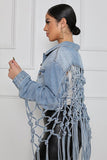 Light Blue Mesh Fringe Back Denim Jacket