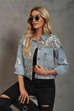 Leopard Patchwork Ripped Denim Jacket with Edgy Flair